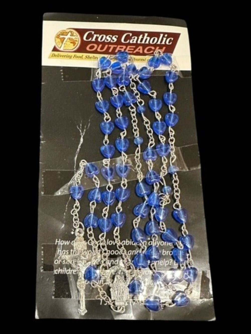 Blue Heart Beaded Rosary With Silver Chain & Prayer Instructions